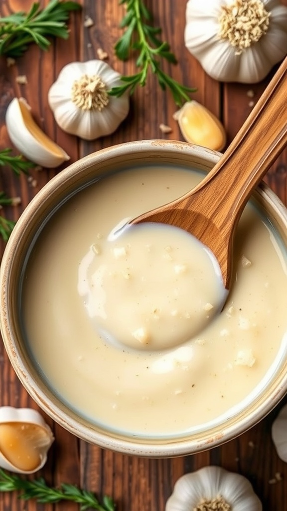 Creamy garlic parmesan sauce in a bowl with garlic cloves and parmesan cheese.